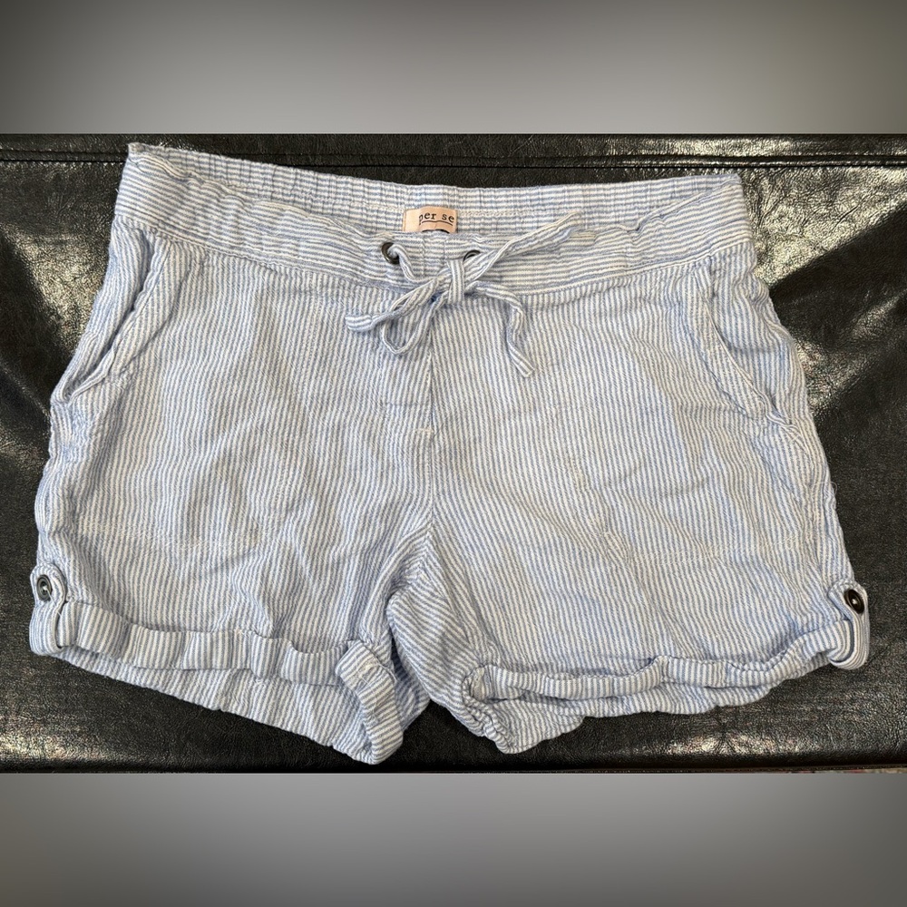 Per Se Light Blue Striped Linen Shorts